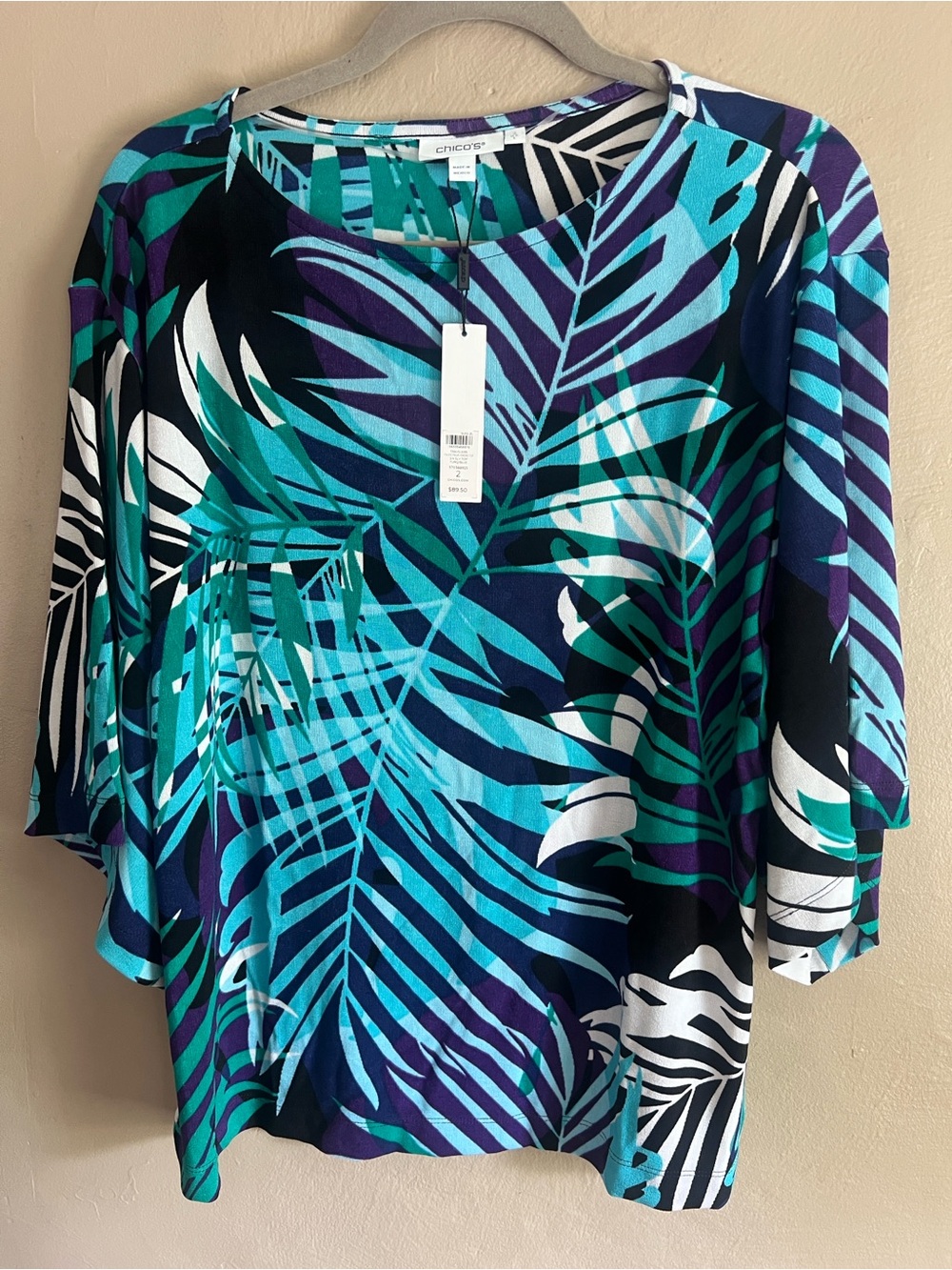Chico's Turquoise, Navy & Purple Tropical Kimono Top